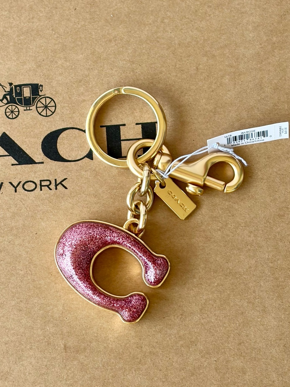 Coach Pink Glitter C Key Fob Bag Charm with Gold Hardware - Picture 7 of 7